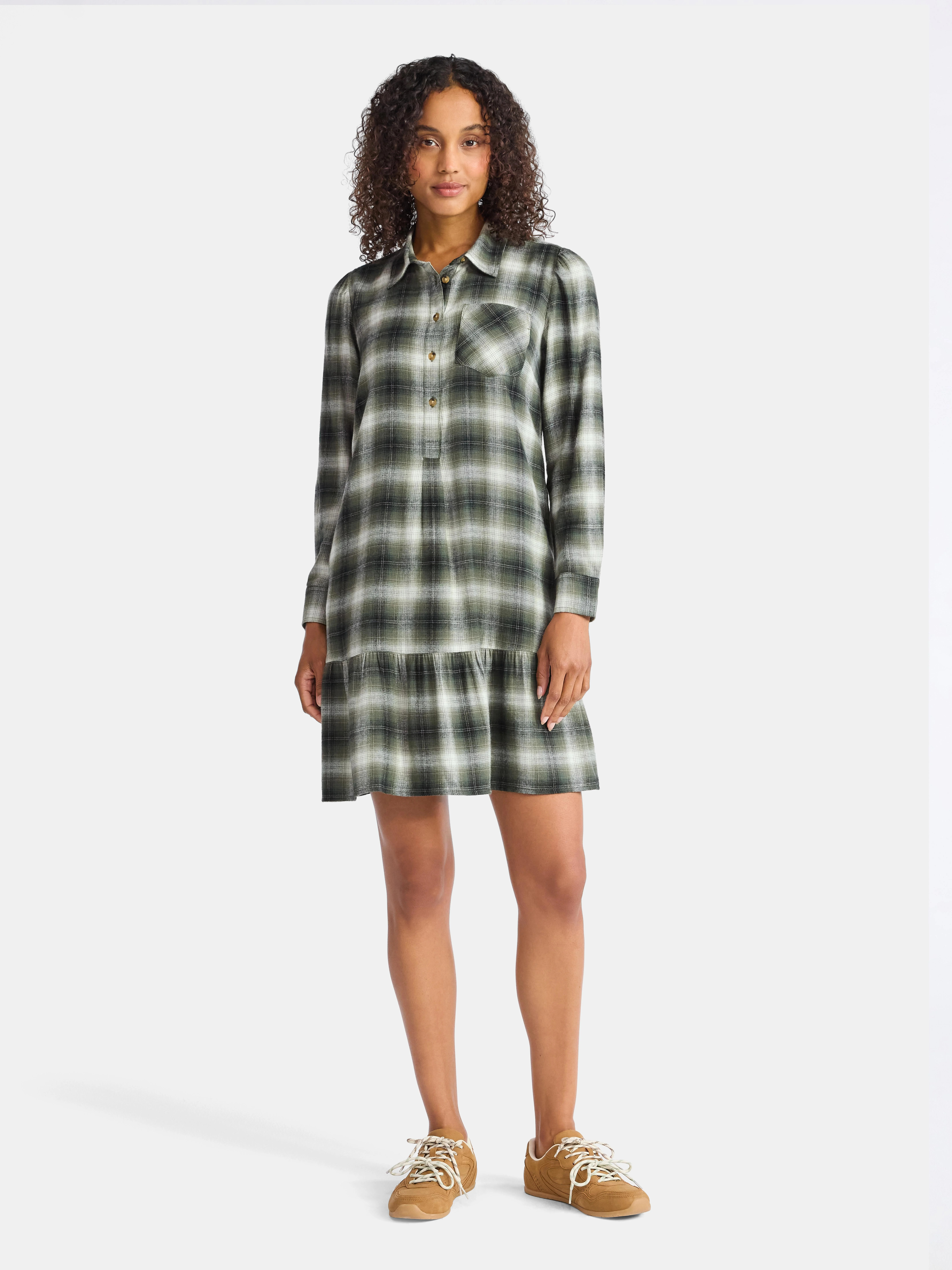 Time and Tru Women's Plaid Mini Dress with Long Sleeves, Sizes XS-XXXL | Walmart (US)