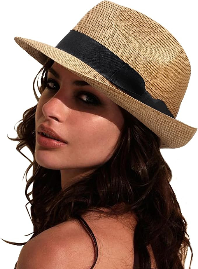 DRESHOW Women Straw Sun Hat Short Brim Panama Travel Fedora Beach Cap Roll up Summer Hat for Wome... | Amazon (US)