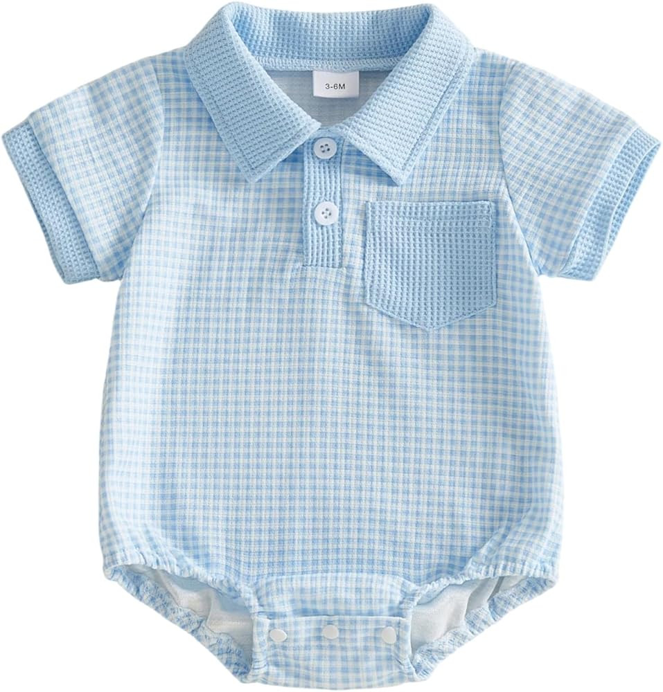 Newborn Baby Boy Summer Clothes Waffle Short Sleeve Lapel Button Romper Up Loose Fit Plaid Jumpsu... | Amazon (US)