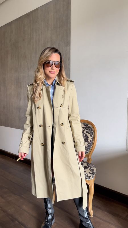 Trench coat szn! Love a classic trench that never goes out of style. 

•I’m wearing trench size M in trench for a more relaxed look. 
• Skort runs TTS. 
• Boots are slim, size up if between sizes. 
• Lip gloss color is mist. 

Trench coat, mango, skort, mini skirt, combat boots, black boots, lug sole, aviator sunglasses 

#LTKstyletip #LTKSeasonal #LTKfindsunder100