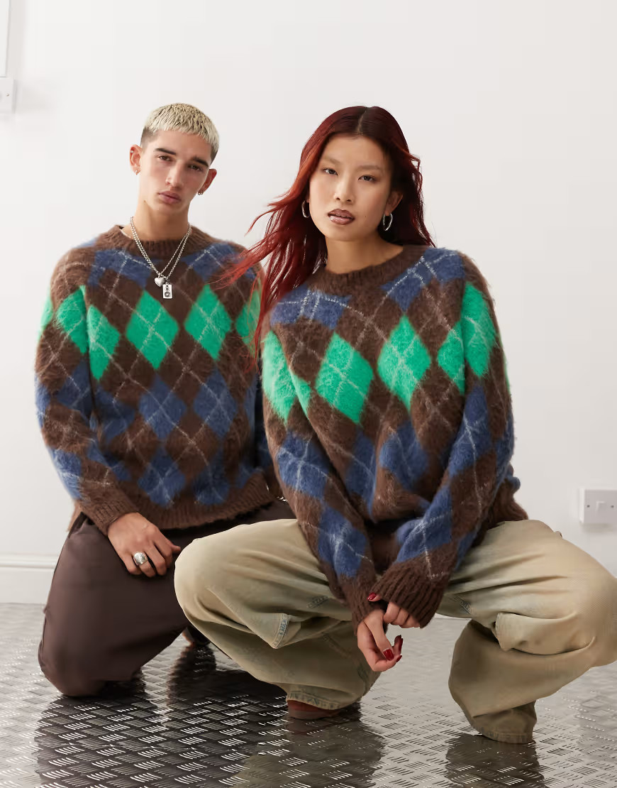 COLLUSION unisex oversized argyle fluffy sweater in brown | ASOS (Global)