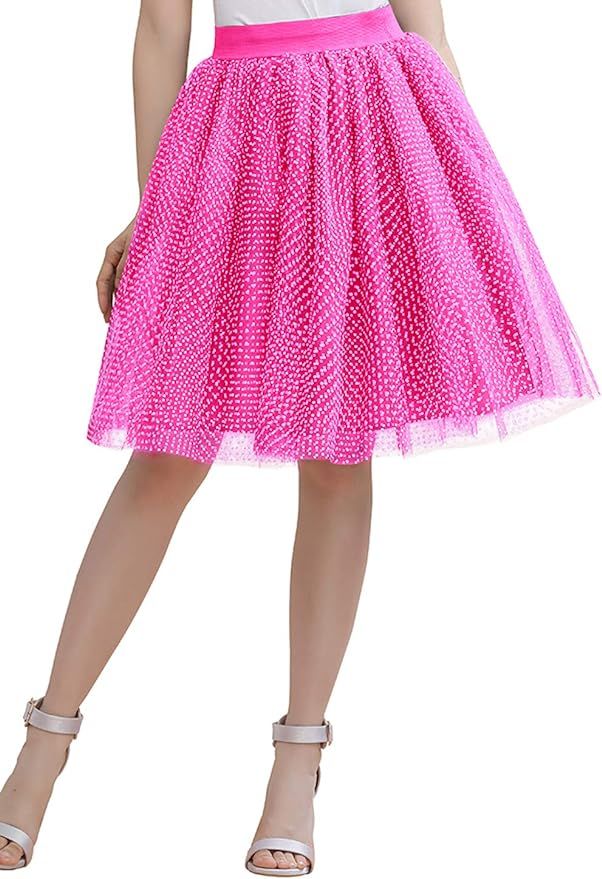 MisShow Women's Tulle Skirt A line Five Layers Polka Dot Fluffy Princess Midi Tutu Skirt Prom Und... | Amazon (US)