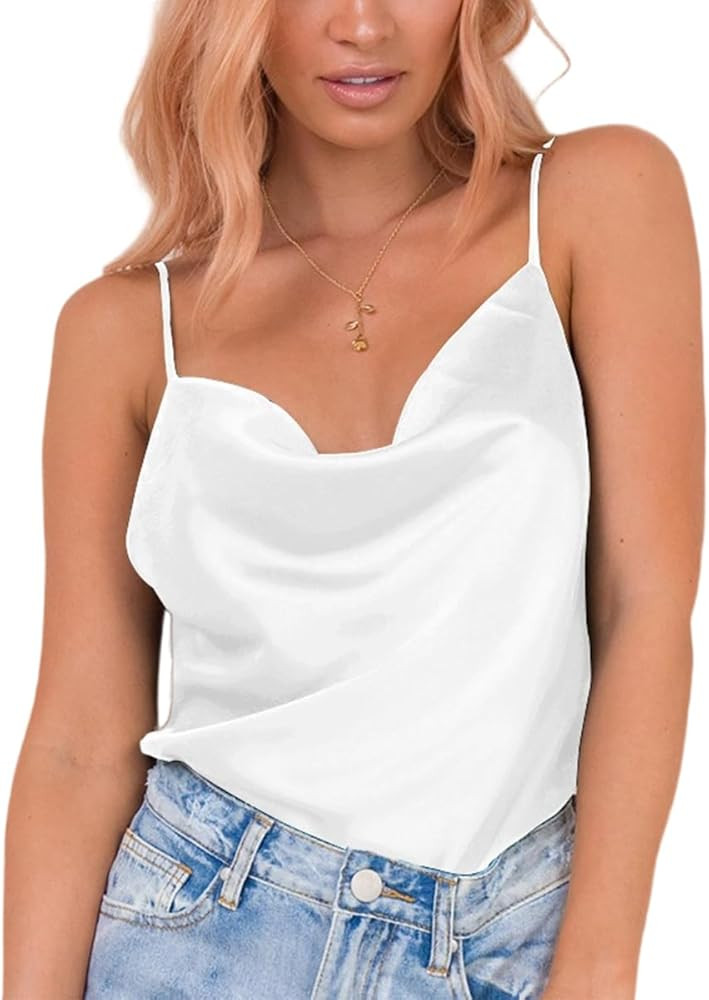 Miessial Women's Spaghetti Straps V Neck Satin Camisole Sleeveless Soft Tank Tops White 4-6 | Amazon (US)