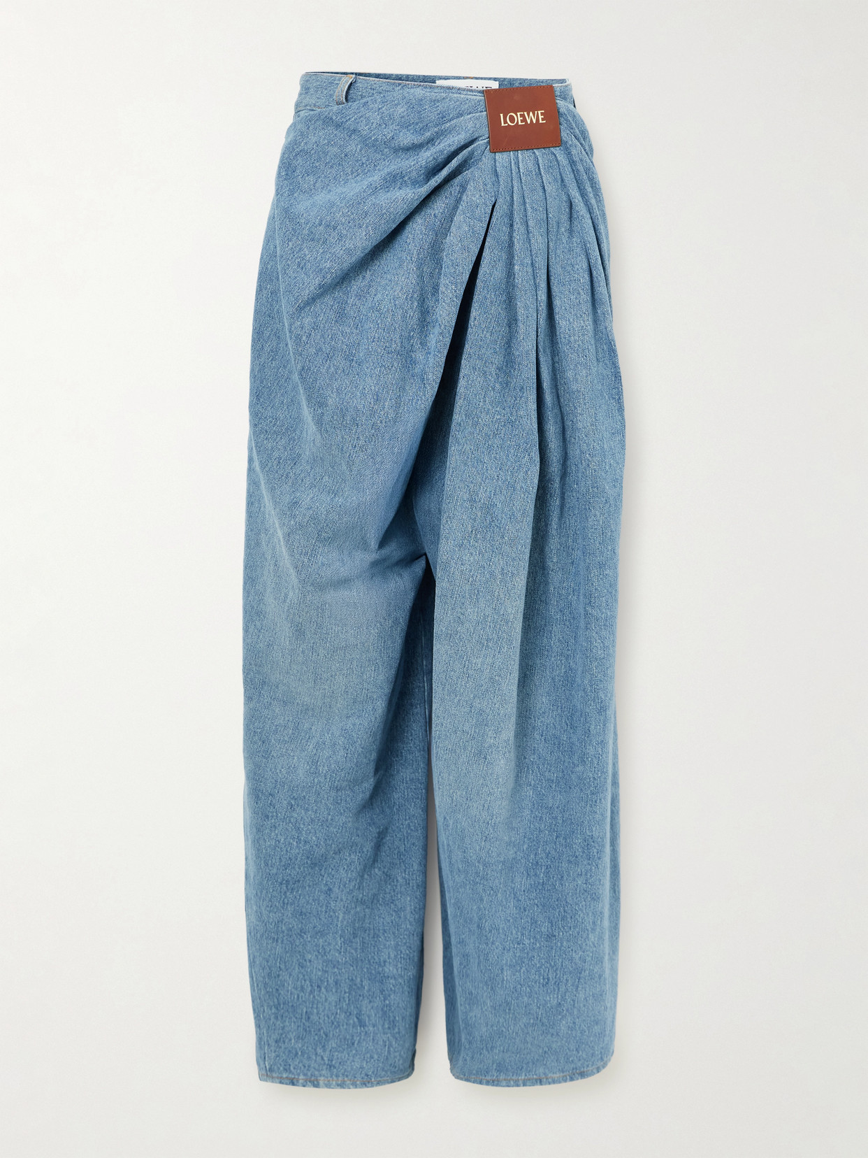 LOEWE - Leather-trimmed Draped Gathered High-rise Wide-leg Jeans - Blue | NET-A-PORTER (US)