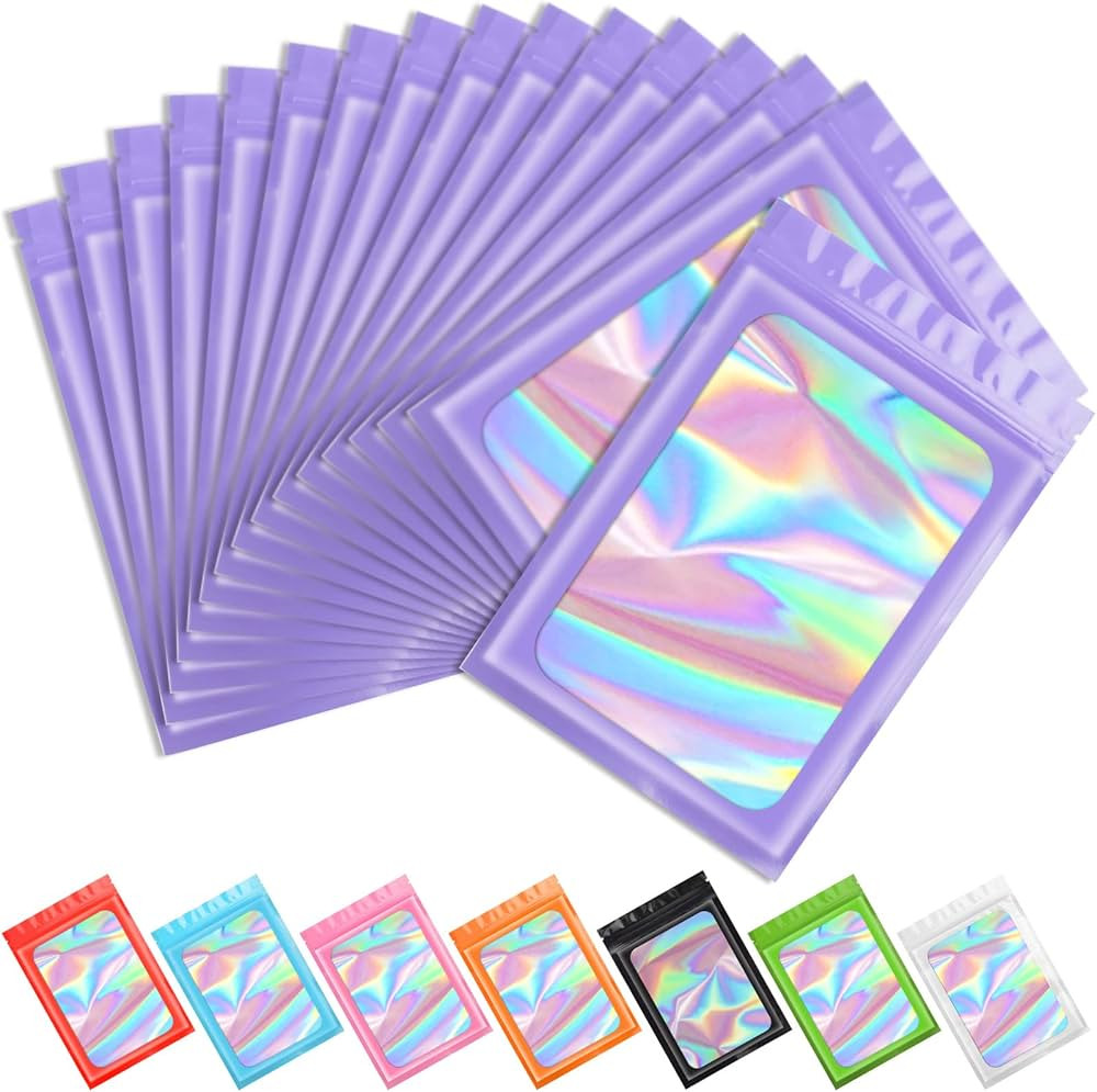 Funfery 100 pcs Purple Smell Proof Holographic Bags Packaging Bags,Clear Resealable Odor Proof Ba... | Amazon (US)
