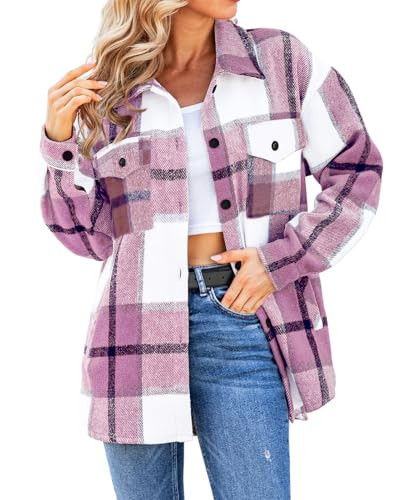 Women's Casual Shacket Jacket Plaid Shirts Flannel Blouses Button-Down Shirts Pink 2XL | Amazon (US)