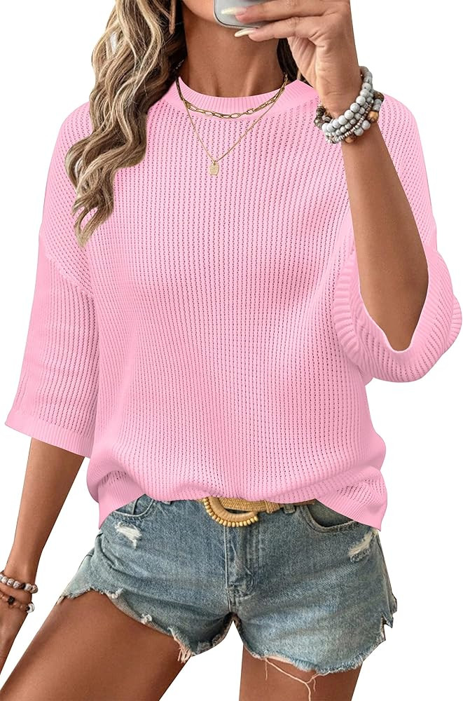 Arach&Cloz Womens 100% Cotton 3/4 Length Sleeve Sweater Crochet Tops Shirts Casual Blouses Resort... | Amazon (US)