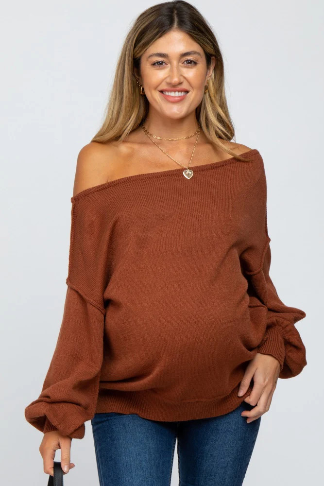Camel Boat Neck Bubble Sleeve Maternity Sweater | PinkBlush Maternity