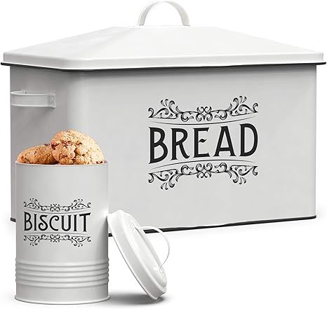 Farmhouse Bread Box - XL Size Bread Storage Container with Matching Biscuit Tin in White Metal - ... | Amazon (US)