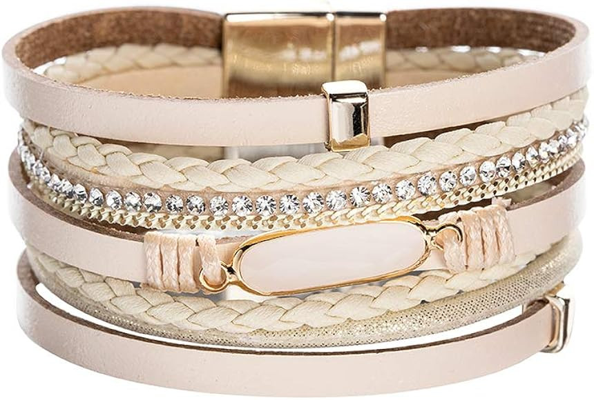 Artilady Leather Wrap Bracelet for Women - Handmade Clasp Bangle Bracelet with Pearl Druzy Crysta... | Amazon (US)