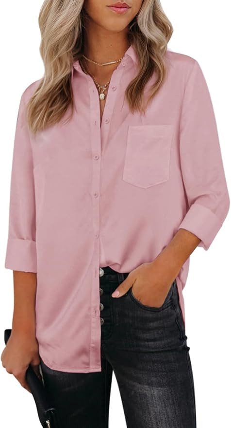 Womens Button Down Shirts Dress Shirts Long Sleeve Collared Blouses V Neck Work Office Tunic Chif... | Amazon (US)
