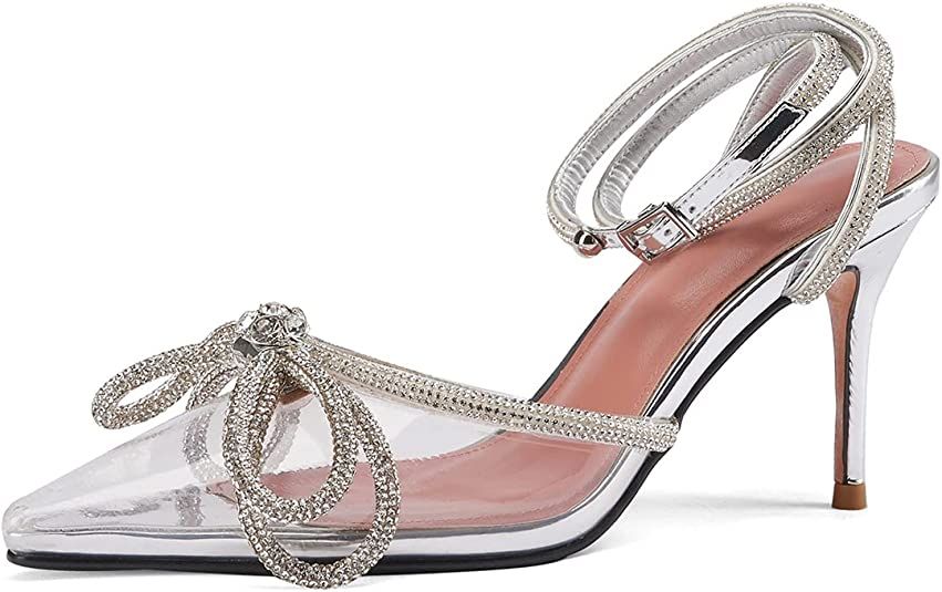 ARQA Women's Rhinestone Ankle Strap Pumps Satin Pointy Stilettos Backless Kitten Heels Wedding Dr... | Amazon (US)