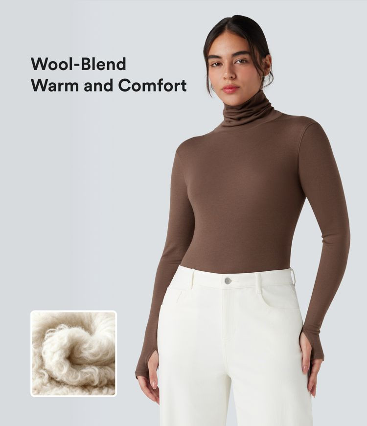 Women’s Mock-neck Long Sleeve Thumb Holes Slim Fit Casual Wool-Blend Tops - Halara | HALARA