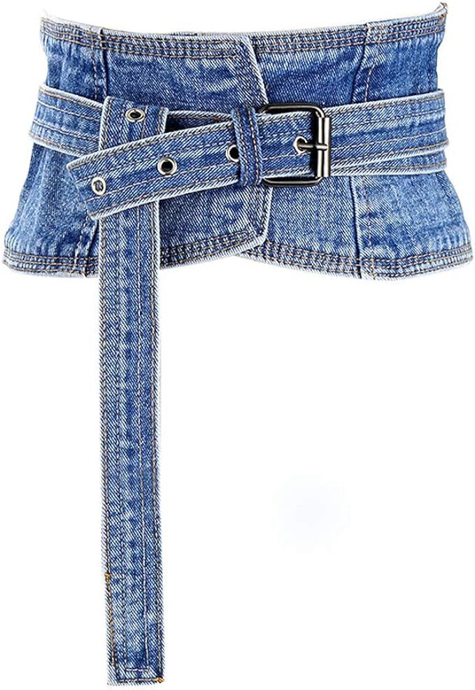 Aecibzo Women's Denim Waist Belt Retro Wide Corset Cinch Belt Waistband with Buckle | Amazon (US)
