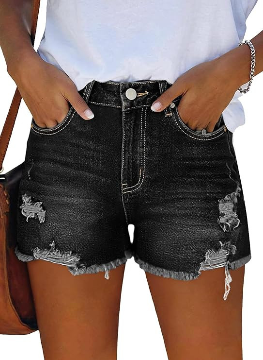 Jean Shorts for Women Casual Mid-Waisted Distressed Stretchy Denim Short Ripped Frayed Hem Summer... | Amazon (US)