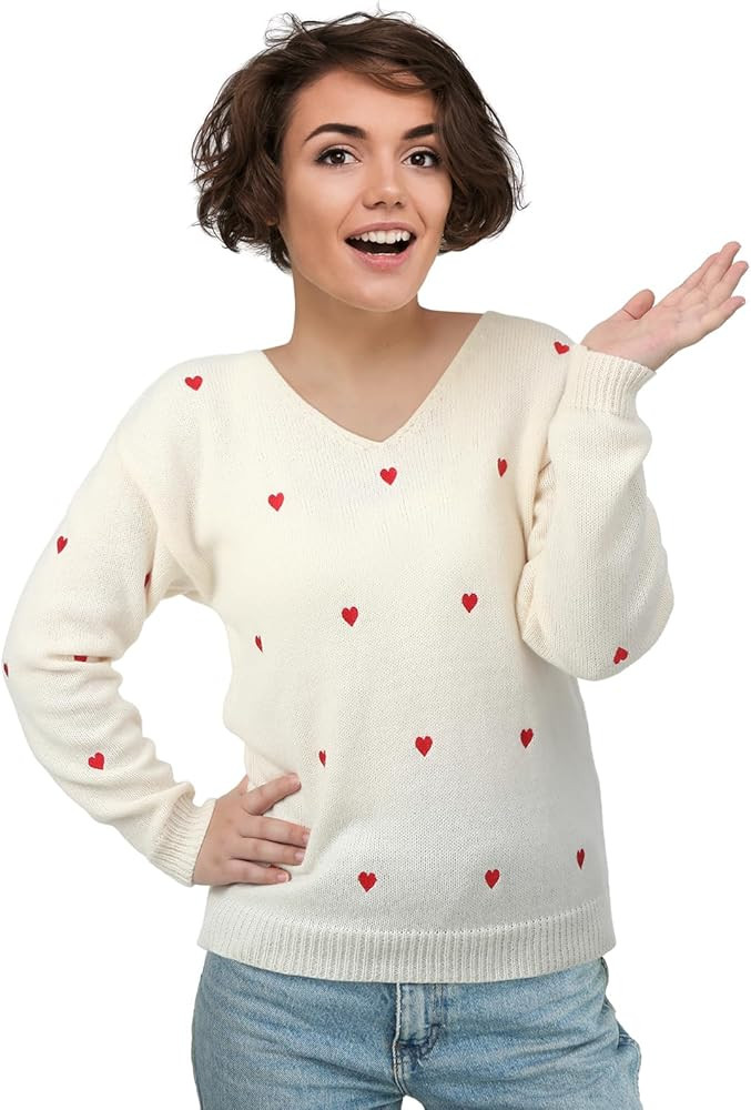 Coume Women Valentine Heart Sweater V Neck Embroidery Knit Long Sleeve Loose Casual Pullover for ... | Amazon (US)
