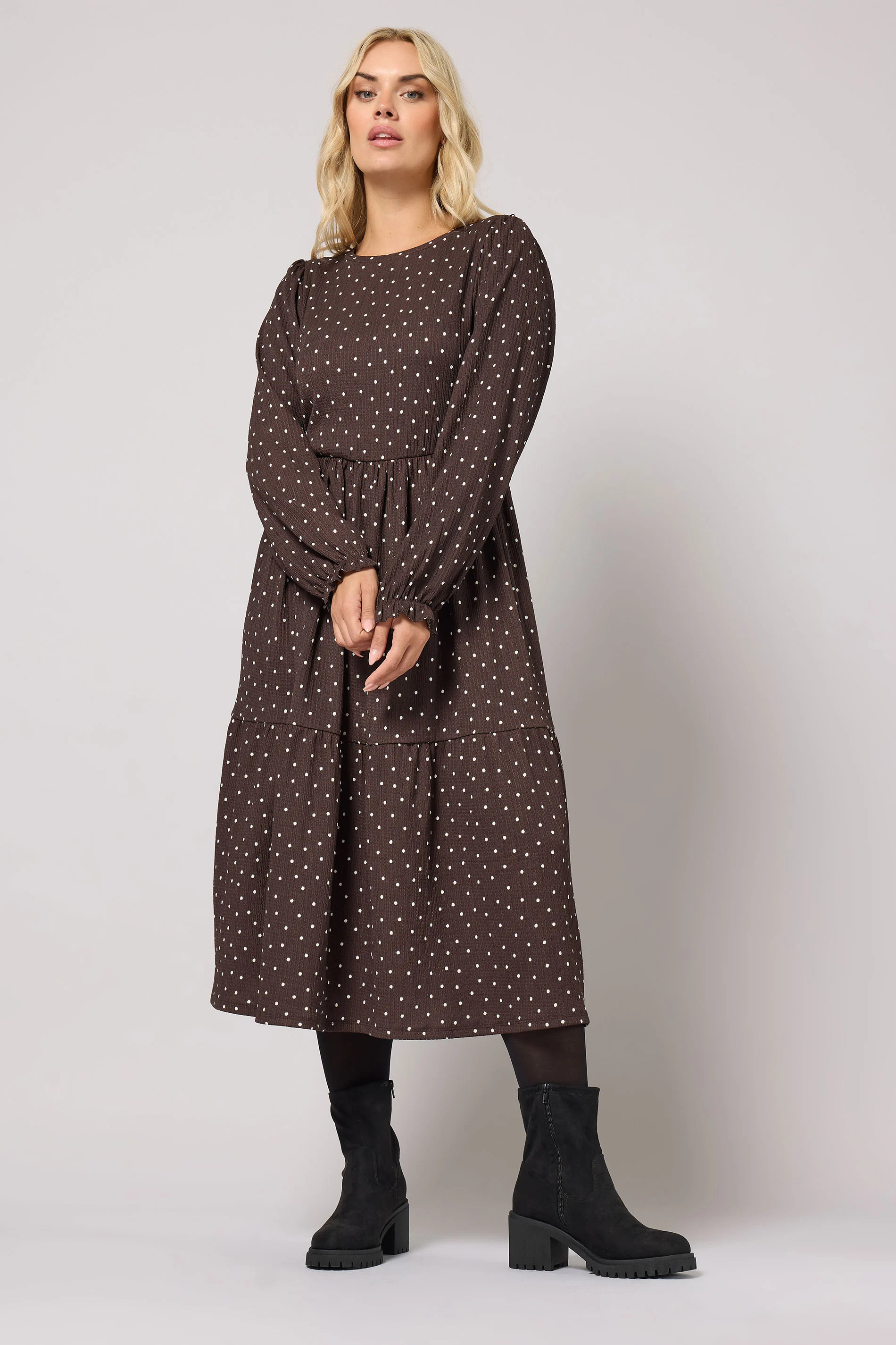 YOURS Plus Size Chocolate Brown Polka Dot Textured Midi Dress | Yours Clothing UK
