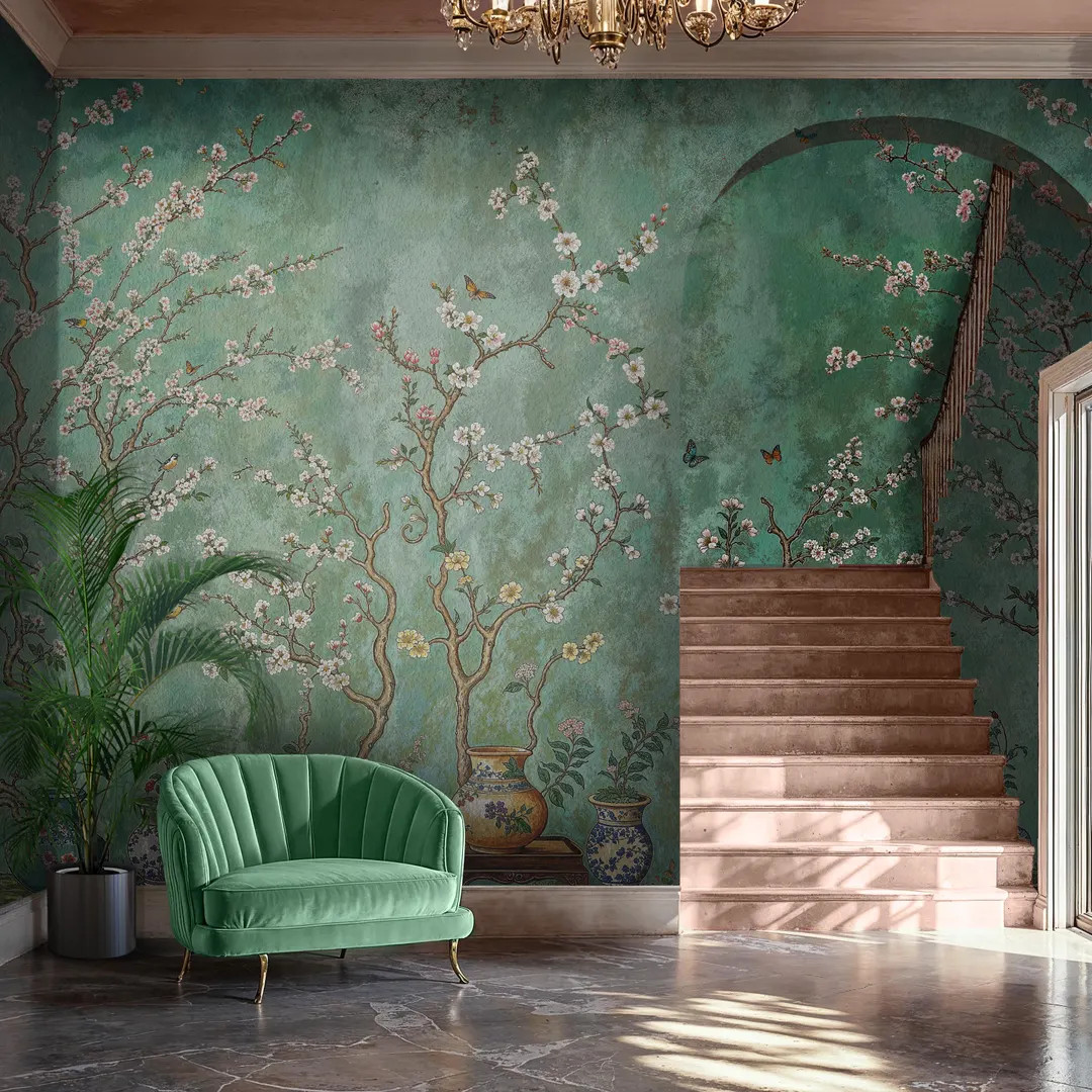 Green Chinoiserie Wallpaper: Vintage Cherry Blossom Peel and Stick Mural - Etsy | Etsy (US)