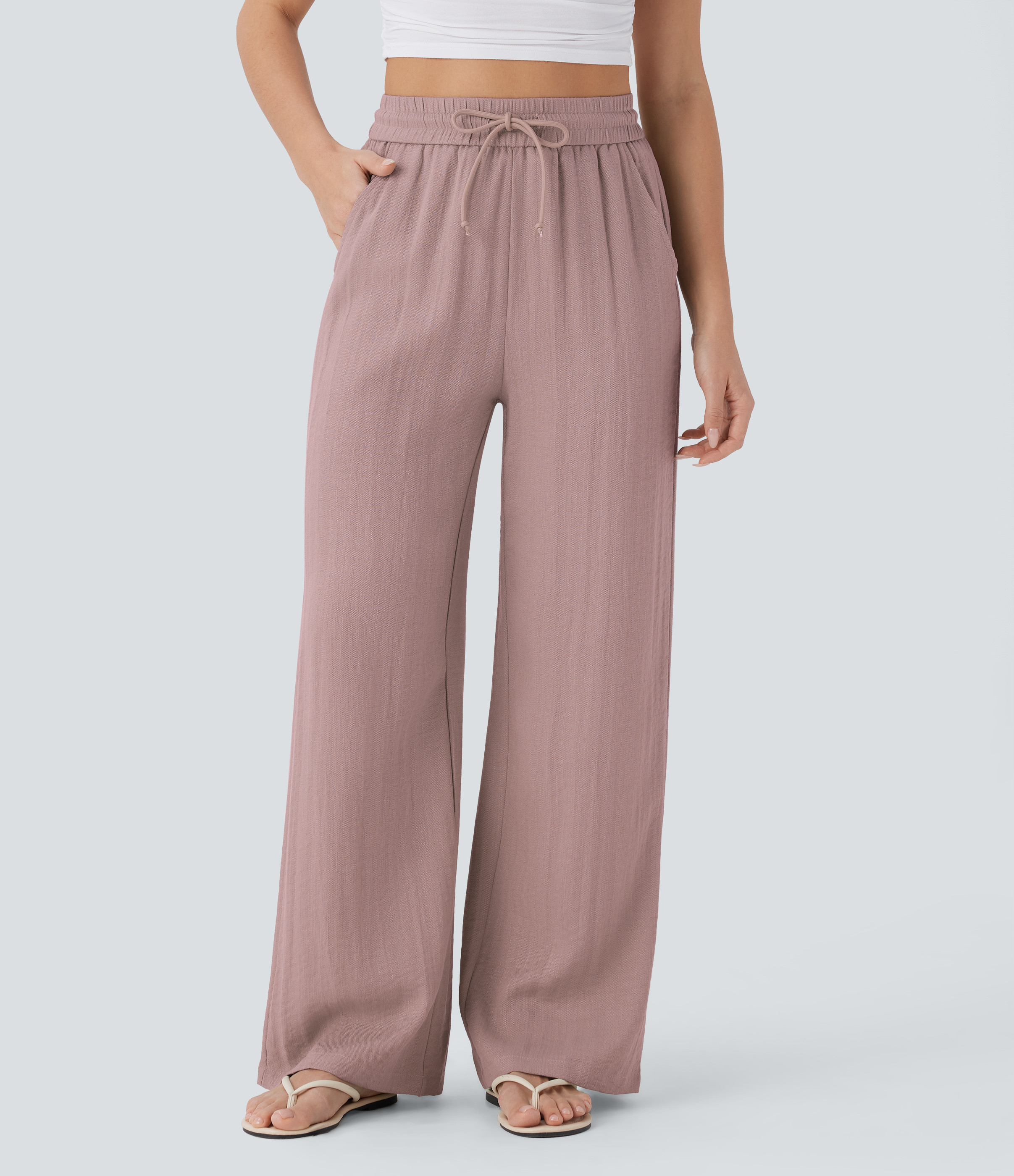 Halara High Waisted Drawstring Pocket Wide Leg Baggy Casual Linen-Feel Pants  - Deauville Mauve - L(petite) sweatpants jogger pants | HALARA