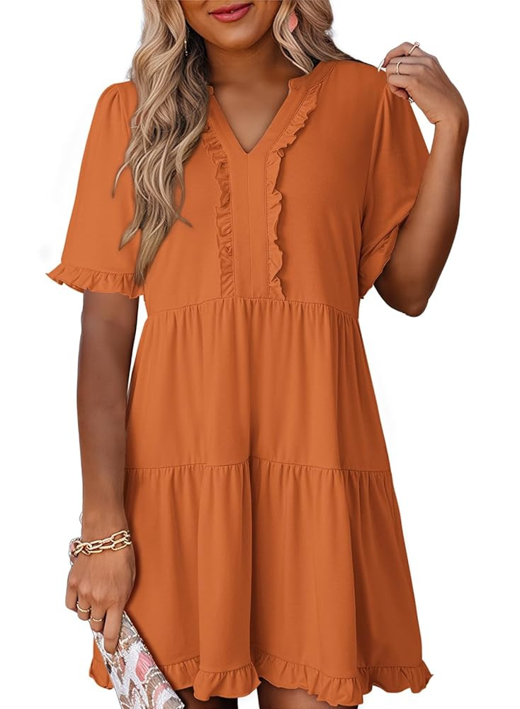 Dokotoo Womens Dresses 2025 Summer Spring V Neck Short Sleeve Casual A Line Flowy Swing Shift Dre... | Amazon (US)