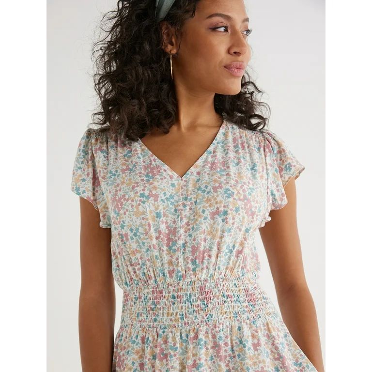 Time and Tru Women’s Smocked Waist Midi Dress with Short Sleeves, Sizes XS-XXXL - Walmart.com | Walmart (US)