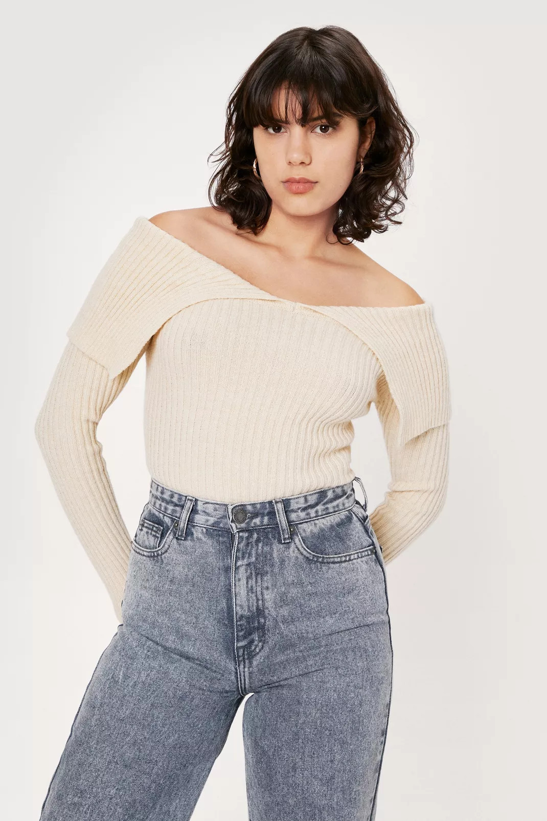 Bardot Fold Over Ribbed Fitted Sweater | Nasty Gal (US)