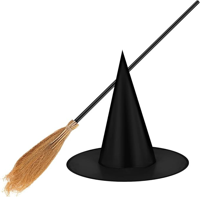 Jetec Halloween Witch Broom Hat Set Black Witch Hat with Halloween Witch Broom Realistic Wizard W... | Amazon (US)