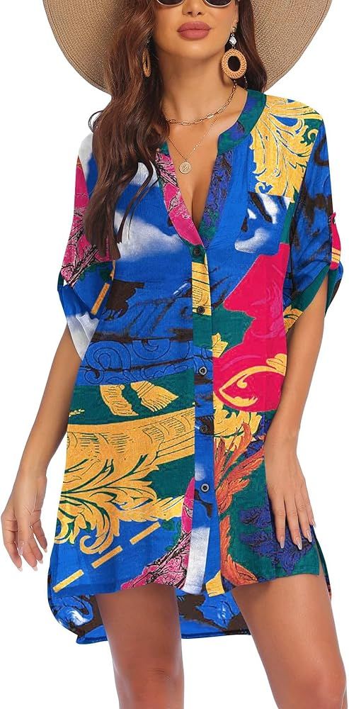 AI'MAGE Women's Swimsuit Cover Ups Shirt V-Neck Button Down Bathing Suit Coverups Beach Tunic Top... | Amazon (US)