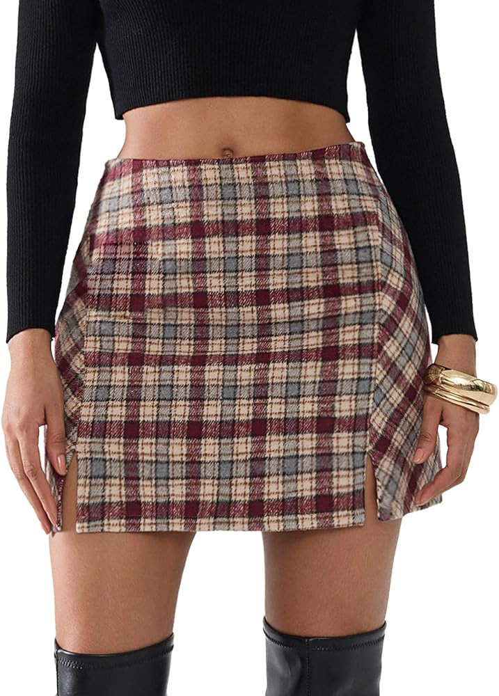 EXLURA Women's Fashion Faux Wool Mini Skirt High Waisted Y2K Trendy Side Slit Tweed Plaid Skirts ... | Amazon (US)