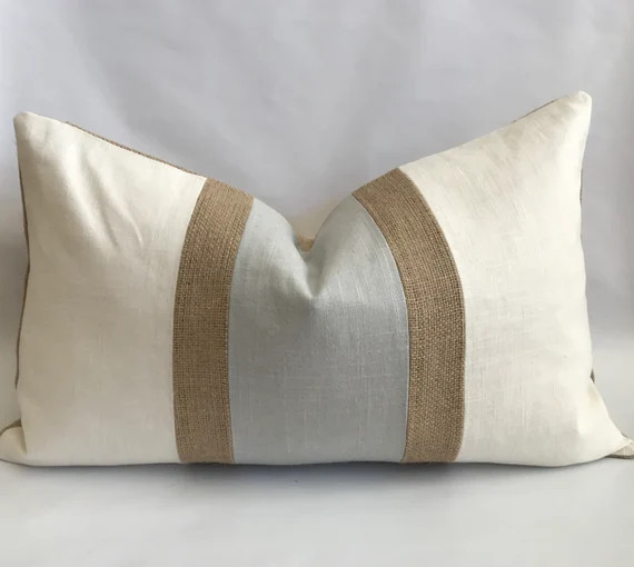 Cream and Pearl Gray Linen/ Cotton With Burlap Accent Stripes | Etsy | Etsy (US)