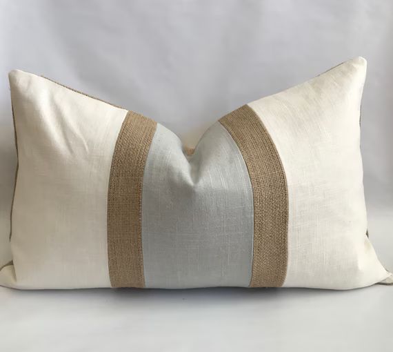 Cream and Pearl Gray Linen/ Cotton with Burlap Accent Stripes Lumbar Pillow Cover | Etsy (US)