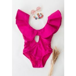 Plunging V-Neck Ruffle One-Piece Swimsuit in Magenta | Chicwish