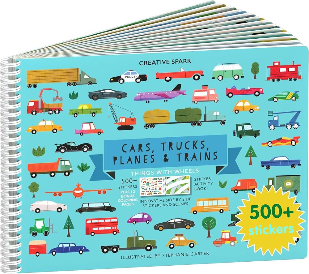 CUPKIN Sticker Book for Kids 2-4, 500+ Kids Stickers, Cars, Trucks, Planes & Trains 12 Coloring P... | Amazon (US)