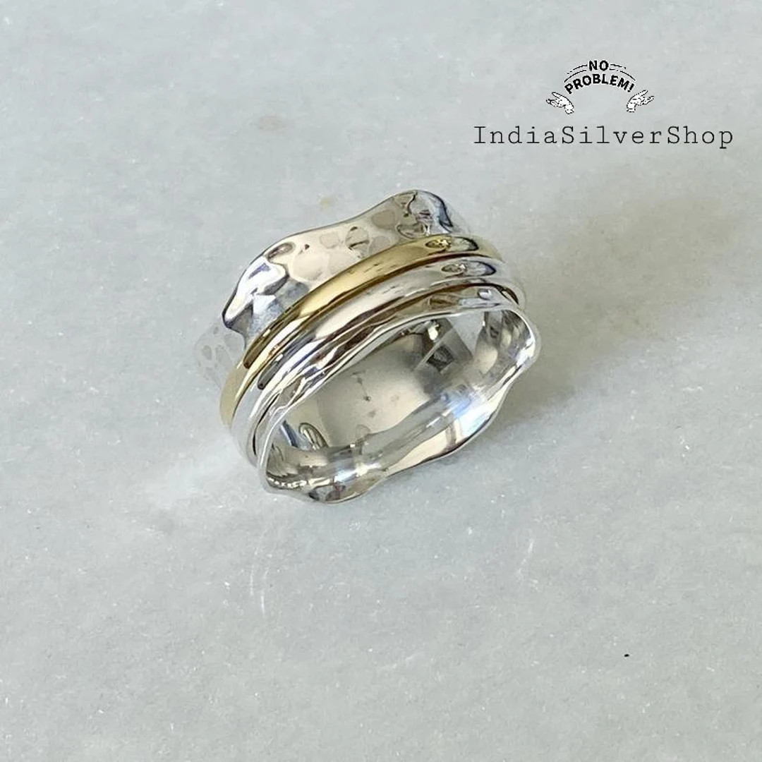 Hammered Spinner Ring, Mixed Metal Spinner Ring, 2 Tone Sterling Silver Spinning Ring, Meditation... | Etsy (US)