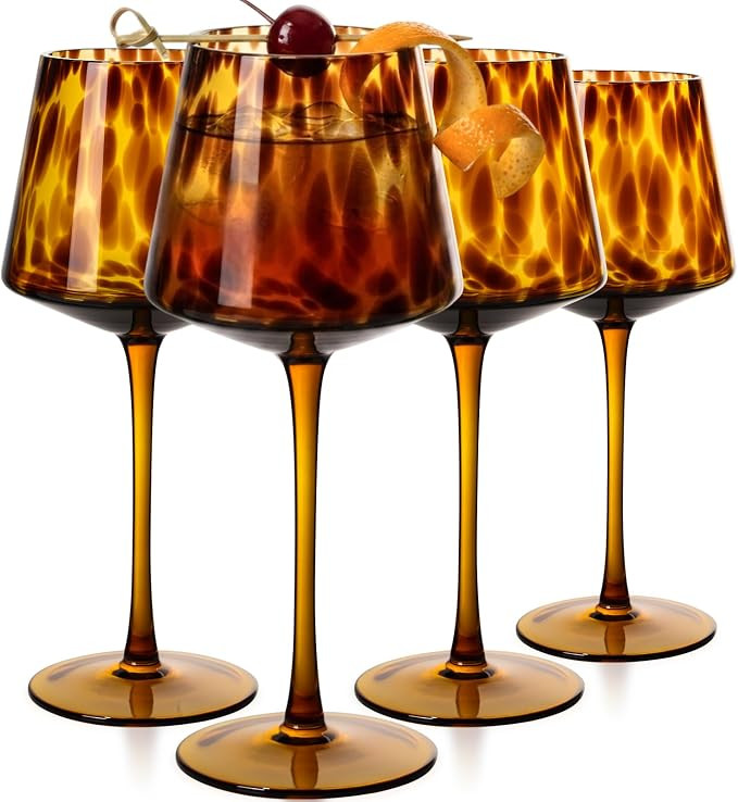 Tortoise Shell Wine Glasses Set of 4-Brown Wine Glasses-Unique Hand Blown Amber Wine Glass Weddin... | Amazon (US)