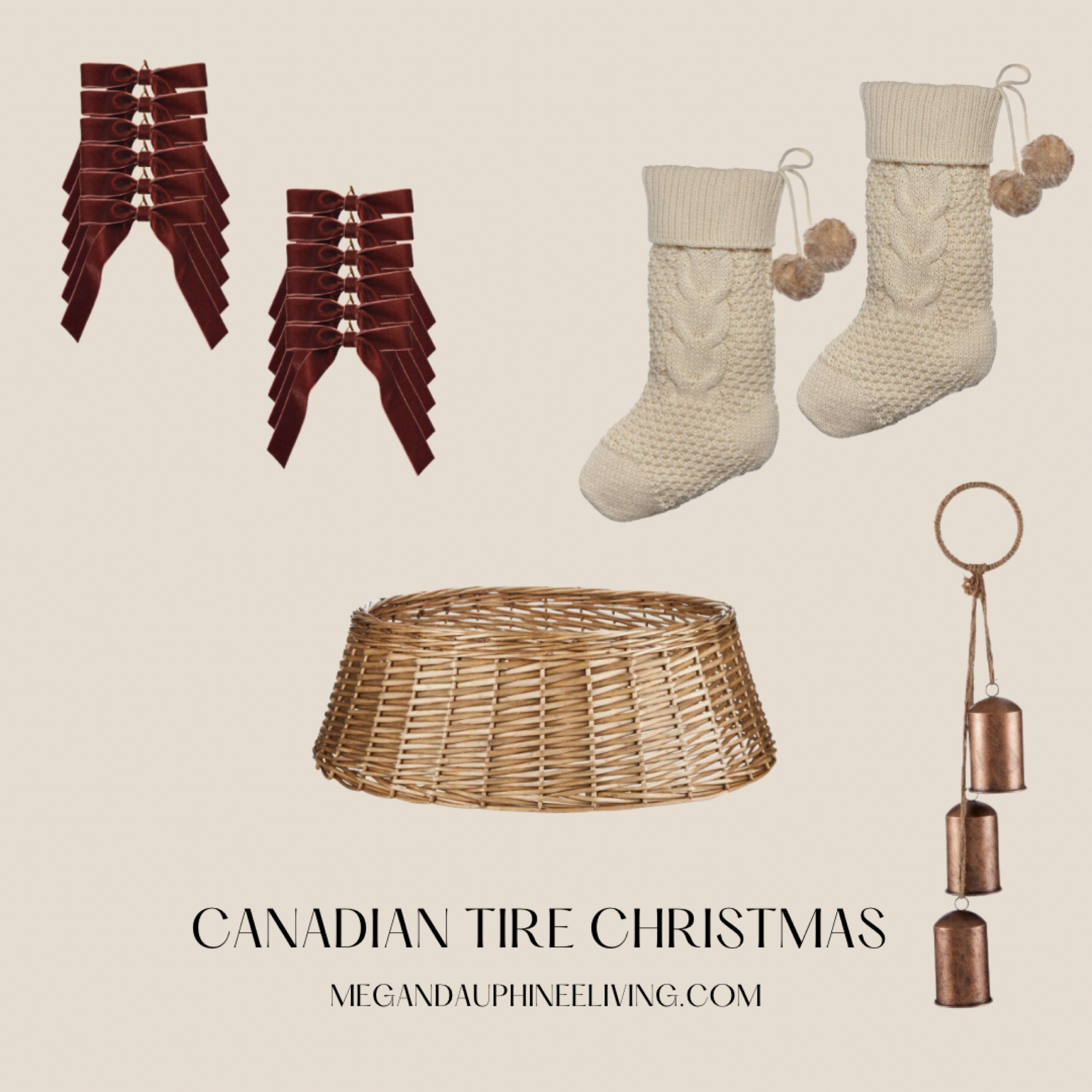 My Canadian Tire haul for new Christmas decor to add to my space this holiday season. Excited to incorporate these into my space 

Home decor Christmas neutral home. Christmas bows. Stockings. Tree skirt. Bells 

#LTKcanada