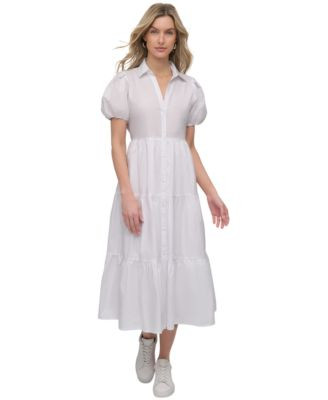 DKNY Women's Puffed-Sleeve Tiered Shirtdress - Macy's | Macy's