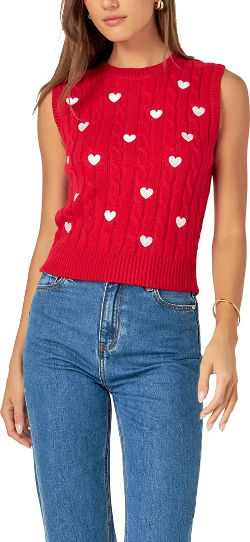 Heart Embroidered Sleeveless Cable Sweater | Nordstrom
