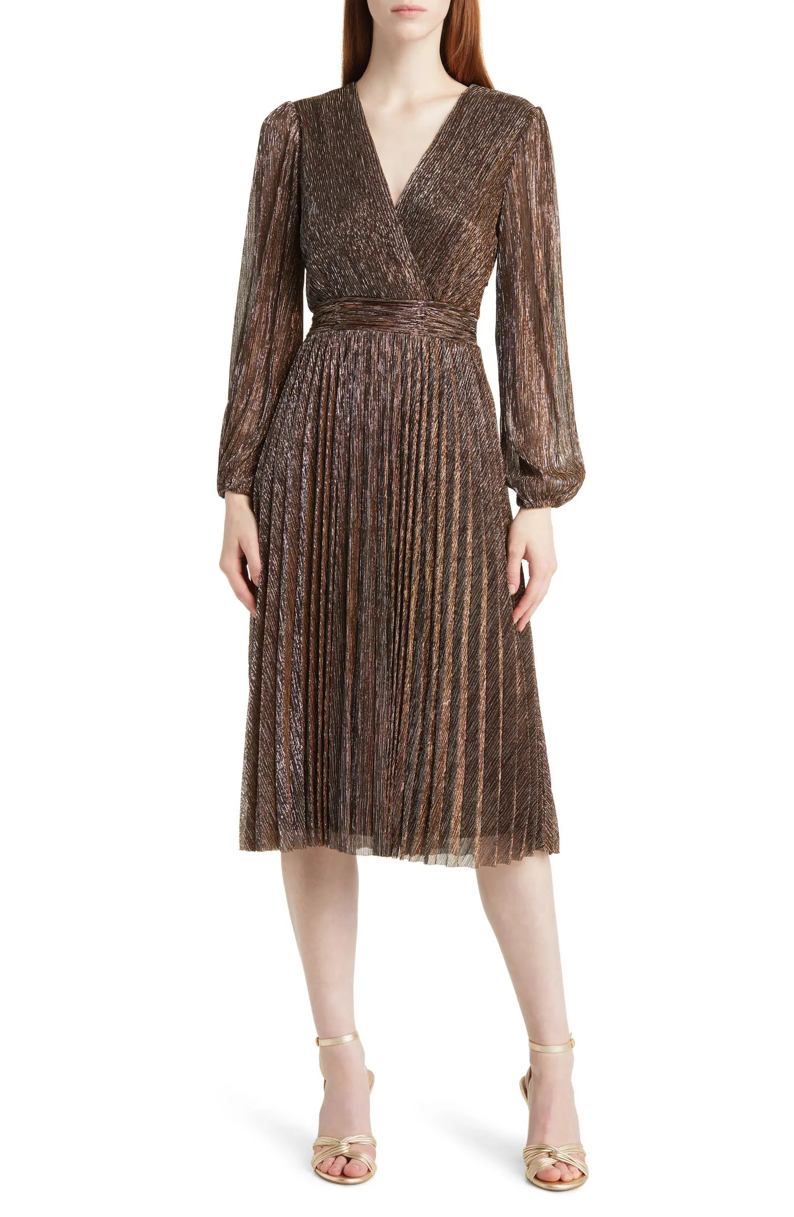 Long Sleeve Metallic Plissé Midi Dress | Nordstrom