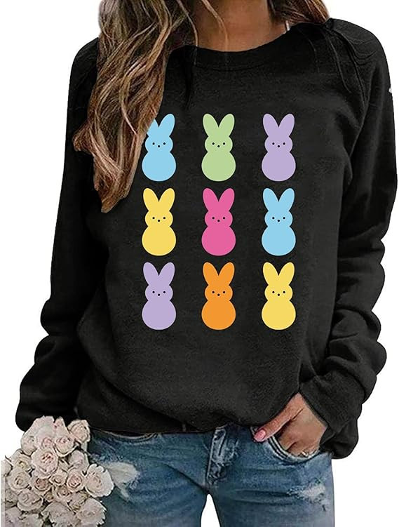 Easter Bunny Sweatshirt Women Long Sleeve Cute Rabbit Bunny Peeps Graphic Tees Happy Easter Pullo... | Amazon (US)