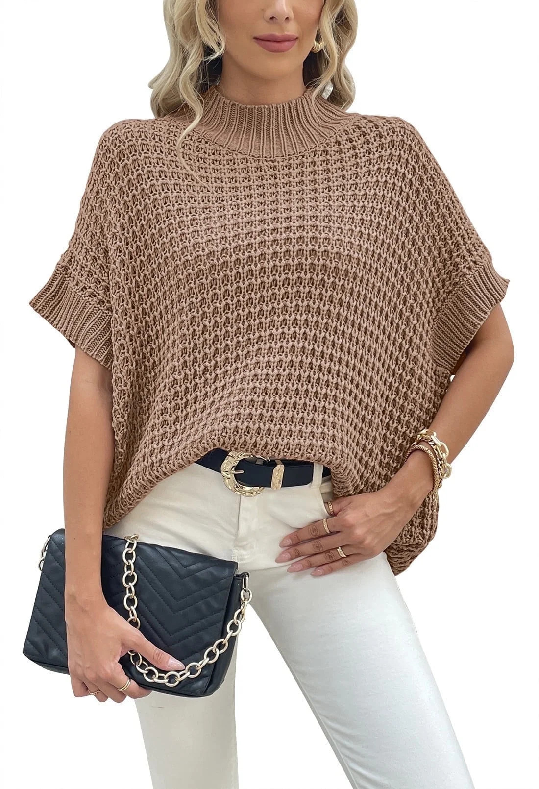 Pink Queen 2025 Oversized Mock Neck Short Sleeve Knit Sweater Pullover-Soft Comfortable for Women... | Walmart (US)