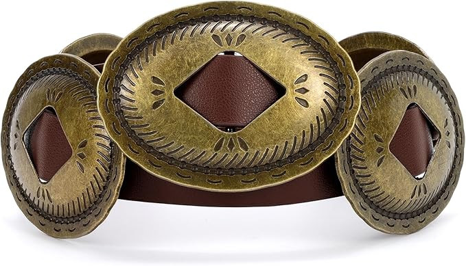 Western Belts for Woman Oval Concho Belt Cowgirl Belt Boho Disc Belt Buckle for Dress Jeans Count... | Amazon (US)