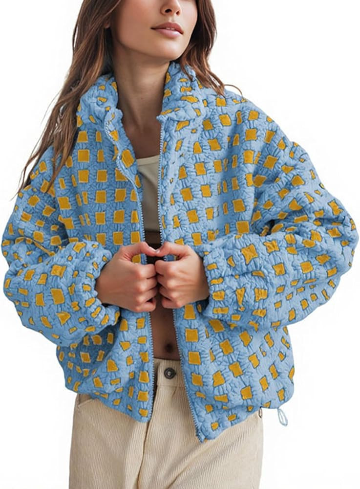 Lianlive Women Winter Sherpa Fleece Jacket Long Sleeve Zip Up Checkered Fuzzy Cropped Coats Warm ... | Amazon (US)