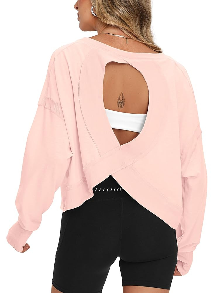 Darong Womens Open Back Workout Top Oversized Workout T Shirts Backless Athletic Shirt Long Sleev... | Amazon (US)