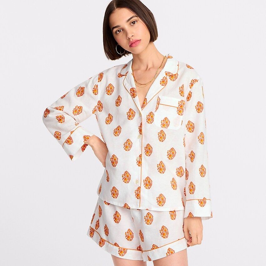 Cotton-linen pajama short set in gathered floral block print | J.Crew US