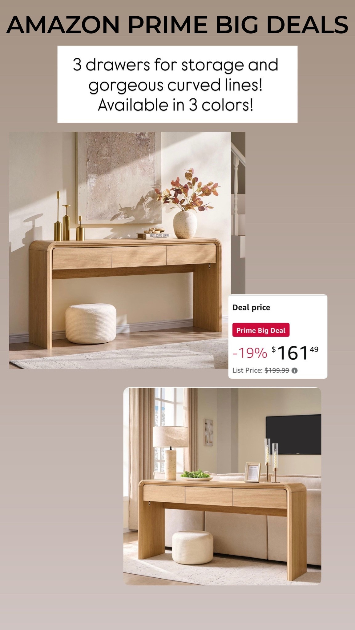 Amazon Prime Deal! Gorgeous console table with 3 drawers for storage and beautiful clean lines! Add it to the back of a sofa or in the entryway!