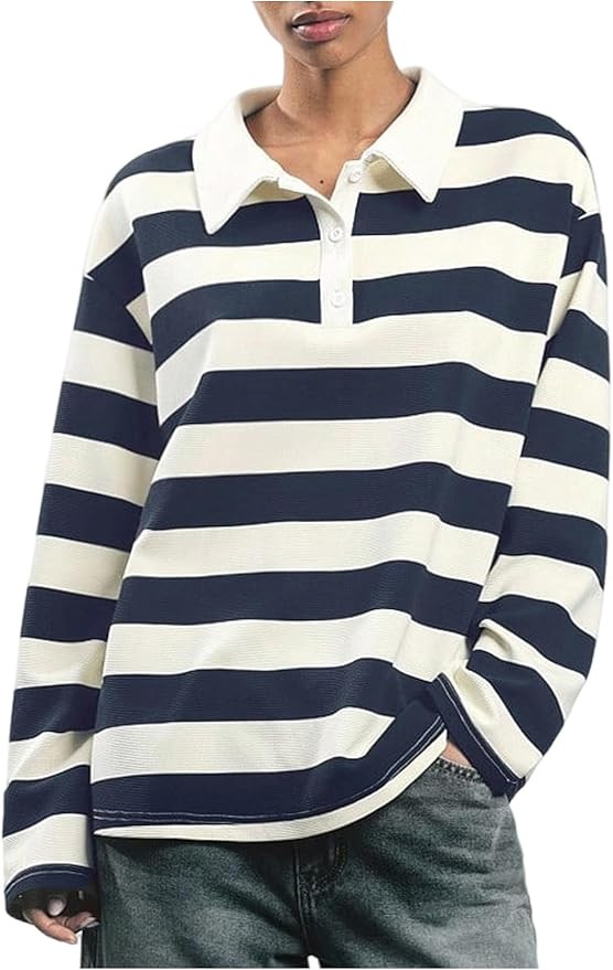 Milumia Women's Striped Long Sleeve Collared T Shirt Colorblock Drop Shoulder Loose Sweatshirt Te... | Amazon (US)