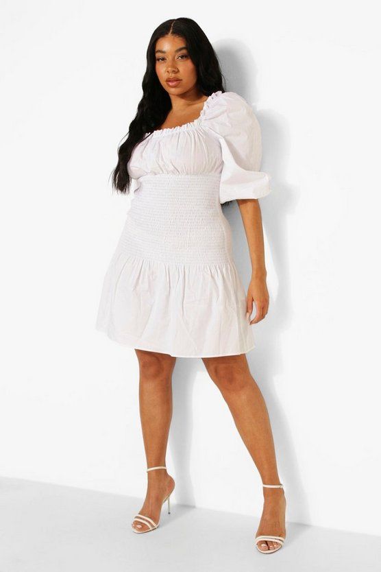 Plus Cotton Shirred Drop Waist Dress | Boohoo.com (US & CA)
