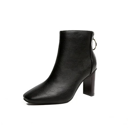 Women Block Heel Ankle Booties Square Toe Short Boots Back Zipper Leather Boots for Women | Walmart (US)