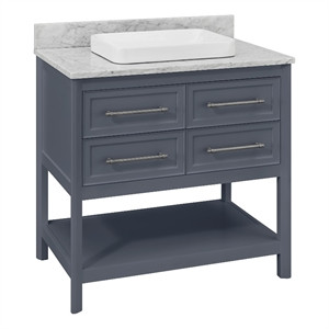 ED Ellen DeGeneres Riven 36" Vanity in Dusk Blue with Natural Carrara Top | Homesquare